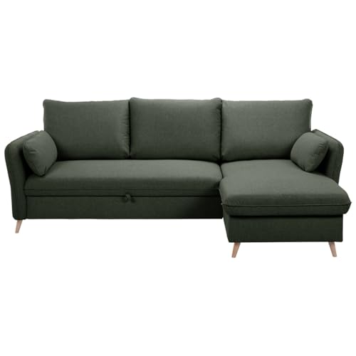 Miliboo DRISS Ecksofa, ausklappbar, wendbar, mit Truhe, 3-4 Sitzplätze, Stoff in Khaki-Grün und hellem Holz Miliboo DRISS Ecksofa, ausklappbar, wendbar, mit Truhe, 3-4 Sitzplätze, Stoff in Khaki-Grün und hellem Holz von Miliboo