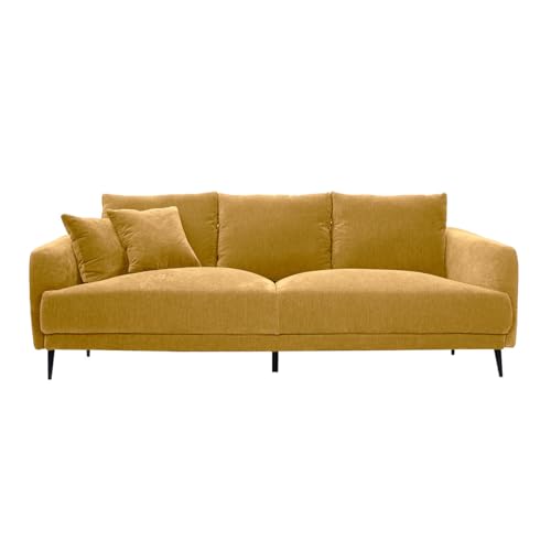 Miliboo Design-Sofa, 3-Sitzer, Stoffbezug, Velours-Effekt, Currygelb und Metall, Schwarz, Jerry von Miliboo