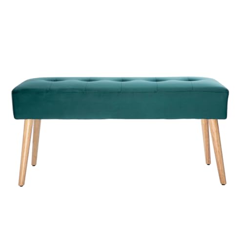 Miliboo Gepolsterte Bank aus petrolblauem Stoff mit Samteffekt und hellem Holz B95 cm GUESTA von Miliboo