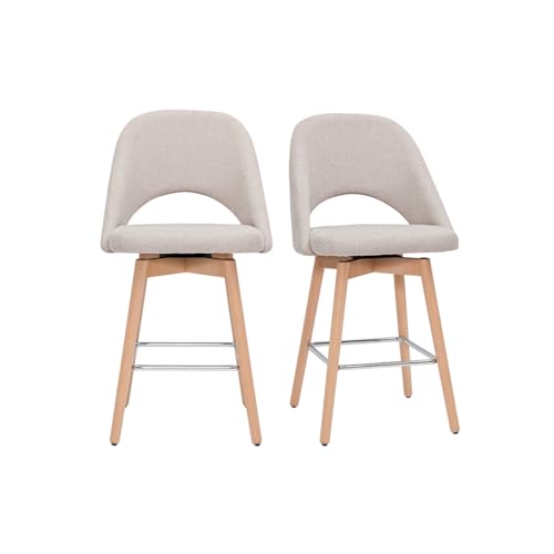 Miliboo Skandinavische Barhocker aus beigem Stoff mit Samteffekt und massivem Hevea H65 cm (2er-Set) Cosette von Miliboo