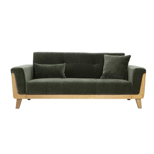 Miliboo Skandinavisches Sofa, 3-Sitzer, Stoffbezug, Velours-Effekt, Khaki und helles Fjord-Holz von Miliboo