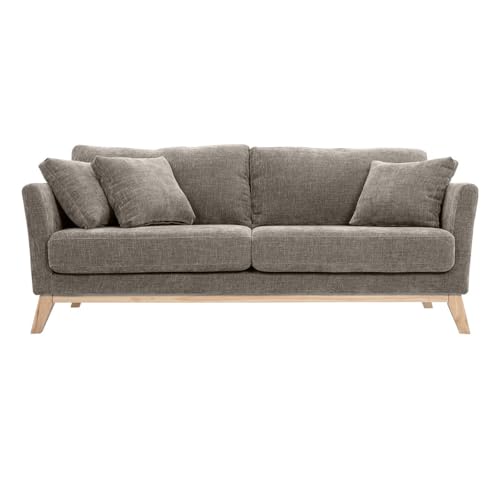 Miliboo Skandinavisches Sofa, abnehmbarer Bezug, 3-Sitzer, Stoff, Velours-Effekt, strukturiert, Taupe und helles Holz, Oslo von Miliboo