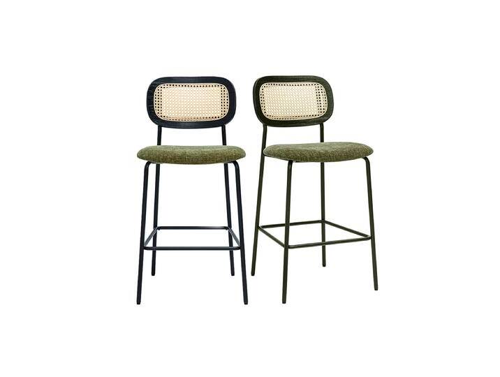 Samtiger Textil-Barhocker in Kaki-Grün, Schwarzes Metall und Rattan-Geflecht (2er-Set) MIRANDA von Miliboo