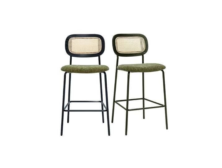Samtiger Textil-Barhocker in Kaki-Grün, Schwarzes Metall und Rattan-Geflecht (2er-Set) MIRANDA von Miliboo