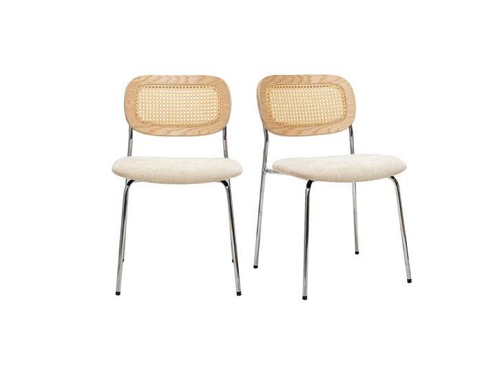 Stoffdesign-Stühle in beige Samtoptik, Chrommetall und Rattangeflecht (2er-Set) MIRANDA von Miliboo