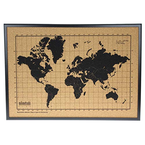Weltkarte aus Kork, Wandrahmen, schwarzer Holzrahmen, Weltkarte zum Markieren von Reisen, Korkplatte, originelle Geschenke für Reisende, entworfen und hergestellt in Spanien von Millimetrad. Weltkarte aus Kork, Wandrahmen, schwarzer Holzrahmen, Weltkarte zum Markieren von Reisen, Korkplatte, originelle Geschenke für Reisende, entworfen und hergestellt in Spanien von Millimetrad. von Milimetrado