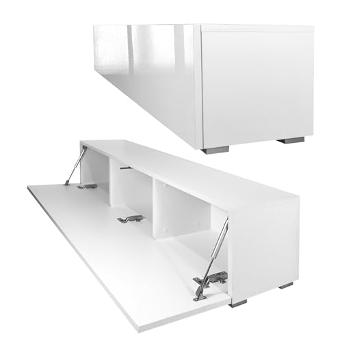 Milionmeblicom Fernsehtisch Fernsehschrank TV Verdeckter Griff mit Soft-Close Lowboard Hängeschrank- Hängend Oder Stehend für Wohnzimmer -Matt Weiß/Hochglanz Weiß 30x135x30 HxBxT von Milionmeblicom