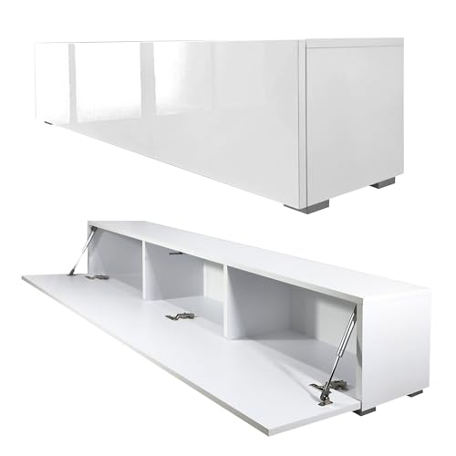 Milionmeblicom Fernsehtisch Fernsehschrank TV Verdeckter Griff mit Soft-Close Lowboard Hängeschrank- Hängend Oder Stehend für Wohnzimmer -Matt Weiß/Hochglanz Weiß 30x160x30 HxBxT von Milionmeblicom