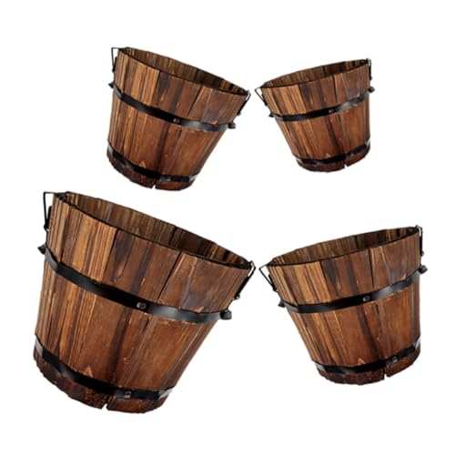 Milisten 4 Stück Rustikaler Holzkohle Blumentopf mit Praktischen Seitengriffen Langlebiger Holzfass Pflanzkübel für Outdoor Garten und Indoor Pflanzen Dunkelbraun von Milisten