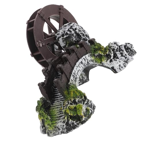 Milisten Aquarium Wasserwheel Dekoration mit Brücke Naturnahe Felsenlandschaft Langlebiges Wasserrad für Gartenteich und Aquarium Multifunktionale Fischdeko Stilvolle Gestaltung von Milisten