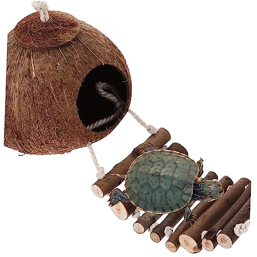 Milisten Kleines Reptilienversteck Kokosnussschale mit Leiter Hängend Terrarien Deko Vielseitige Reptilienhöhle als Unterschlupf und Dekoration für Haustiere von Milisten