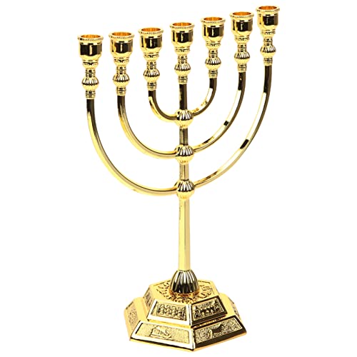 Traditioneller Jerusalem-Tempel-Kerzenhalter, Menora, jüdischer 7 Zweige, Stämme Israels, Kerzenhalter, 17 cm, sechseckiger Sockel, jüdischer Kerzenhalter, Heiliges Land, Gold von Milisten