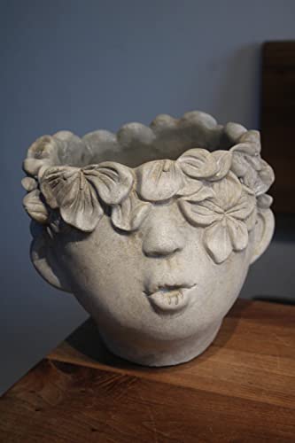 Miljögarden Großer Pflanzkopf mit Blütenrand, Keramik grau, H 17,5 cm, B 20 cm, Pflanztopf in Kopfform von Miljögarden