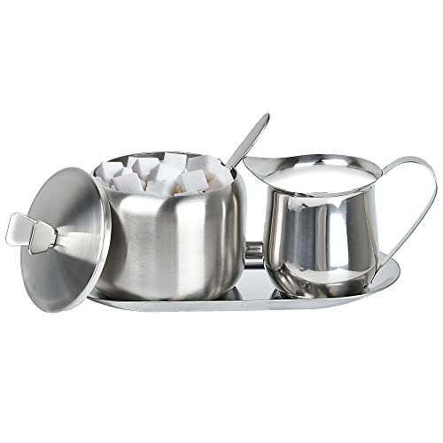 Zucker- und Milchkännchen Set, Kaffeeservierset, Edelstahl Latte Milchbecher Sahnekanne und Zuckerdose mit Deckel und Löffelablage Server für Kaffee Tee Pfeffer Gewürze von Milkary