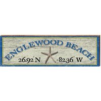 Englewood Beach Starfish Blau/Gelb Breite Längengrad | Echtholz Kunstdruck von MillWoodArt