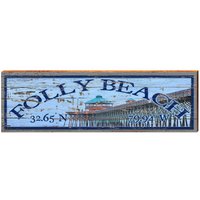 Folly Beach Pier Breitengrad Längengrad | Wand-Kunstdruck Auf Echtholz von MillWoodArt