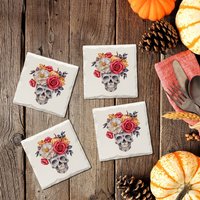 Halloween Aquarell Totenkopf & Blumen | Untersetzer Set von MillWoodArt