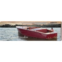 Lake Winnipesaukee Vintage Boot Sonnenuntergang | Wand-Kunstdruck Auf Echtholz von MillWoodArt