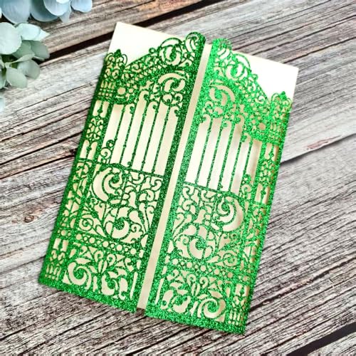 Hochzeitskarten, Lavendel, Laserschnitt, für Hochzeit, Valentinstag, Geburtstag, Party, 25 Sets (grüner Glitzer, 12,4 x 18 cm) von MillaSaw