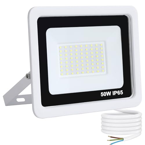 Mille Lucciole LED Strahler Außen 50W Kaltweiß 6500K 5000LM Scheinwerfer 72 LED IP65 Wasserdicht Außenstrahler Weiß für Hell Garten Garage Sportplatz Hof Fluter von Mille Lucciole