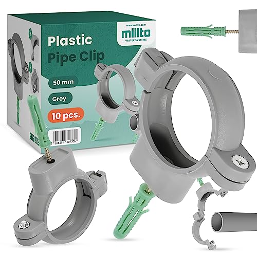 10x Millto™ Rohrschelle Kunststoff Halterung Rohr 50mm Stockschraube Dübel Rohrhalter Wasserrohrhalter Abwasserrohrschelle Kanalisationsrohrschelle Abwasserrohrhalterung von Millto