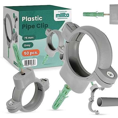 50x Millto™ Rohrschelle Kunststoff Halterung Rohr 75mm Stockschraube Dübel Rohrhalter Wasserrohrhalter Abwasserrohrschelle Kanalisationsrohrschelle Abwasserrohrhalterung von Millto