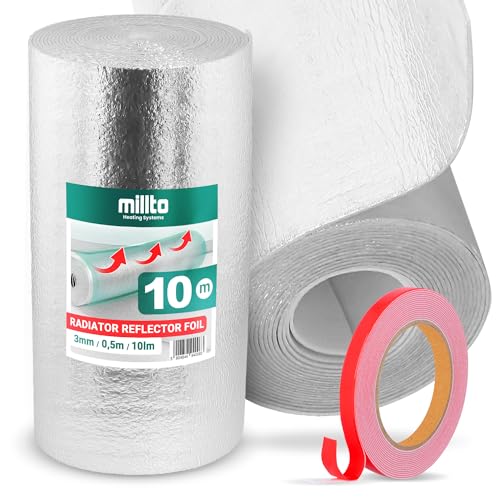 Heizkörper Reflexionsfolie 10m x 0,5m x 3mm | Alufolie Isoliermatte Dämmung Isolierfolie Thermomatte Thermofolie Heizung Isolierung Wand Dämmfolie Wandisolierung Doppelklebeband von Millto