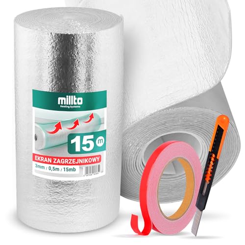 Heizkörper Reflexionsfolie 15m x 0,5m x 3mm | Alufolie Isoliermatte Dämmung Isolierfolie Thermomatte Thermofolie Heizung Isolierung Wand Dämmfolie Wandisolierung Doppelklebeband Cuttermesser von Millto