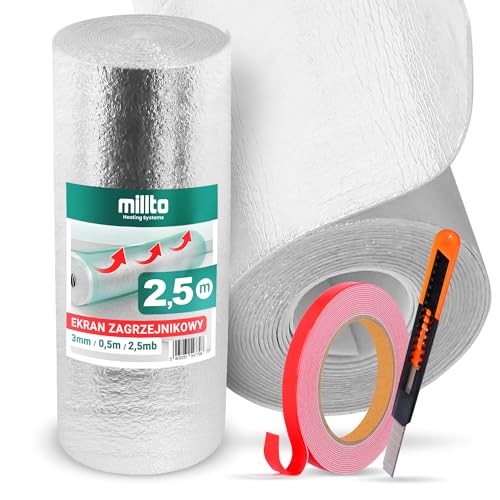 Millto Heizkörper Reflexionsfolie 2,5m x 0,5m x 3mm | Alufolie Isoliermatte Dämmung Isolierfolie Thermomatte Thermofolie Heizung Isolierung Wand Dämmfolie Wandisolierung Doppelklebeband Cuttermesser von Millto