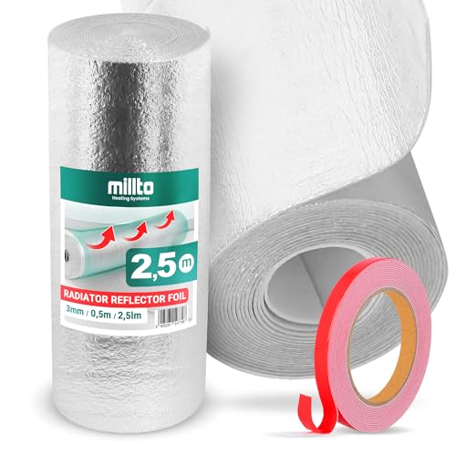 Heizkörper Reflexionsfolie 2,5m x 0,5m x 3mm | Alufolie Isoliermatte Dämmung Isolierfolie Thermomatte Thermofolie Heizung Isolierung Wand Dämmfolie Wandisolierung Doppelklebeband von Millto