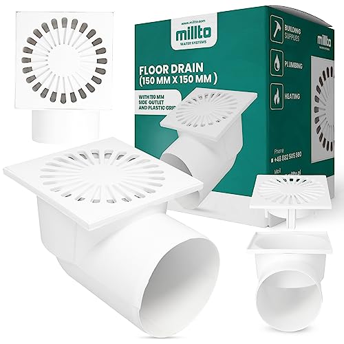 Millto™ Bodenablauf Ablaufrost 10x15x15cm Seitlich Auslass PP Kellerablauf Waagerecht Quadratischer Garagenablauf Kanalisationsgitter Entwässerung Abfallgitter Nassraumablauf von Millto