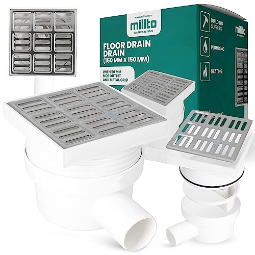 Millto™ Duschablauf Bodenablauf 50x150x150 mm Metallablaufrost Verstellbarermit Seitenanschluss Siphon mit Geruchsstop Bodenablaufabdeckung Quadratischer Geruchshemmender von Millto