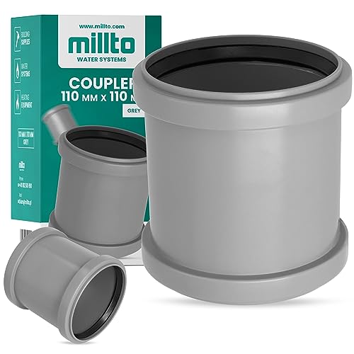 Millto™ Muffe Abwasserrohr 110 x 110 mm Grau PP Abwasserkanalisation Verbindung Anschluss Kanalrohrsystem Chemische Beständigkeit Mit 2 Gummidichtringen von Millto