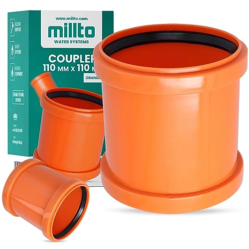 Millto™ Muffe Abwasserrohr 110 x 110 mm Orange PP Abwasserkanalisation Verbindung Anschluss Kanalrohrsystem Chemische Beständigkeit Mit 2 Gummidichtringen von Millto