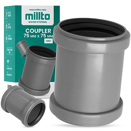 Millto™ Muffe Abwasserrohr 75 x 75 mm Grau PP Abwasserkanalisation Verbindung Anschluss Kanalrohrsystem Chemische Beständigkeit Mit 2 Gummidichtringen von Millto