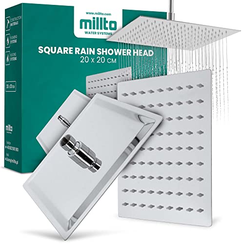 Millto™ Quadratische Edelstahl Duschkopf Regendusche 20x20 | Einbauduschköpfe Regenduschkopf Gross 8 Zoll Brausekopf Dusche Armaturen Eckig | Kopfbrause Chrom Ultradünn Wassersparender Duscharmatur von Millto