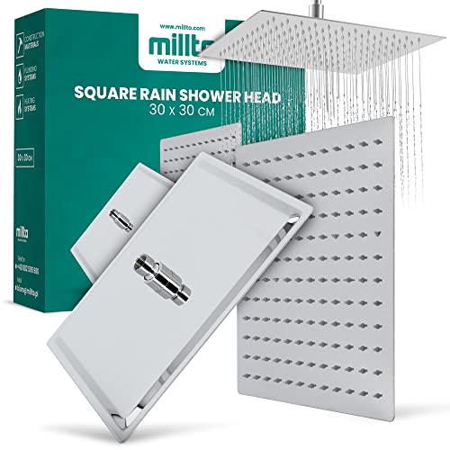 Millto™ Quadratische Edelstahl Duschkopf Regendusche 30x30 cm XXL | Regenduschkopf Gross 12 Zoll Brausekopf Dusche Armaturen Anti-Kalk Eckig | Kopfbrause Chrom Ultradünn Wassersparender Duscharmatur von Millto