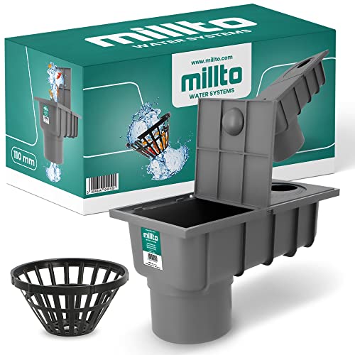 Millto™ Regensinkkasten mit Sieb 110mm Regenwasserablauf Dachrinnenablauf Hofablauf Entwässerung Abflusstrichter Gully Siphon Gechteckiger Kontrollschacht Rückstauverschluß Geruchsklappe von Millto