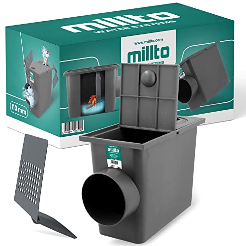 Millto™ Regensinkkasten mit Sieb 110mm Regenwasserablauf Dachrinnenablauf Hofablauf Entwässerung Abflusstrichter Gully Siphon Gechteckiger Kontrollschacht Rückstauverschluß Geruchsklappe von Millto