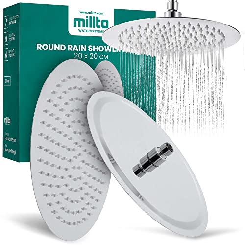 Millto™ Runder Edelstahl Duschkopf Regendusche 20 cm | Regenduschkopf Gross 8 Zoll Brausekopf Dusche Armaturen Anti-Kalk | Kopfbrause Chrom Ultradünn Wassersparender Duscharmatur von Millto