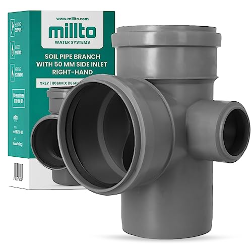 Millto™ T-Stück Kanalisationsrohr 110x110x110 mm 90º Fitting Verbinder mit Rechts Auslauf 50 mm Abwasserrohr Verbindungsstück für Abwasserkanalisation Kanalisationsanschluss Grau Polypropylen von Millto