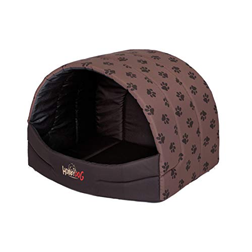 millybo Hundehütte Hundehöhle Hundebett Hundehaus S-XL (R3 (55 x 43 cm), Hellbraun mit Muster (Pfötchen)) von millybo