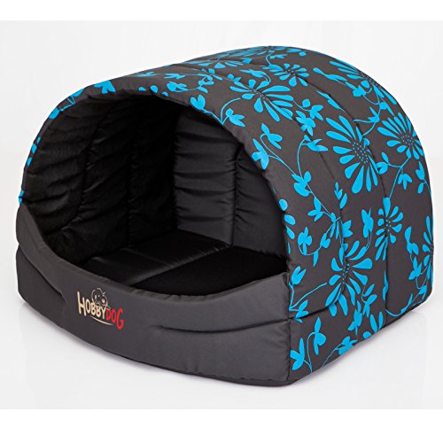 millybo Hundehütte Hundehöhle Hundebett Hundehaus S-XL (R1 (45 x 33 cm), grau mit Muster (Blaue Blumen)) von millybo