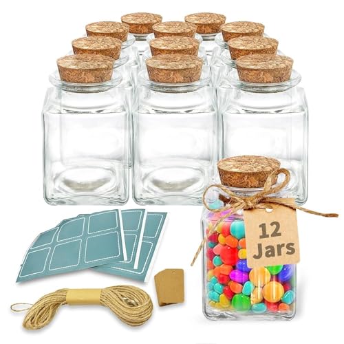 12 Stück Mini Glasflaschen mit Korken, Mini Glas Flaschen mit Korkdeckel Quadratisch Kleine Glasflaschen zum Befüllen mit Etiketten und Schnur für Hochzeitsgeschenke, Party, Taufe, Candy Bar von Miloll
