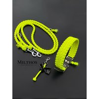 Paracord Set | Hu 41-47cm Basic Neon Gelb Für Hunde Verstellbar Hundeleine Halsband Mit Kotbeutelhalter von Milthos
