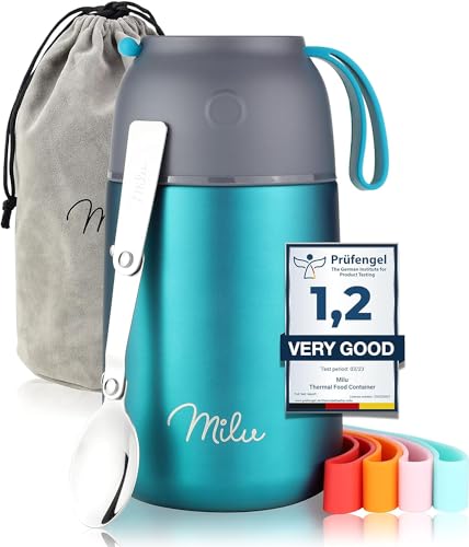 Milu® Thermobehälter 450, 650ml, 800ml | Edelstahl Warmhaltebehälter | Essensbehälter | Speisegefäß Babynahrung | Essen warmhalten Behälter | Thermo Lunchbox | Müsli to go | Grün, 800ml von Milu