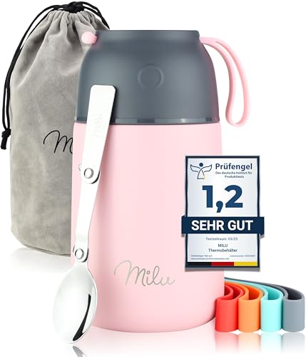 Milu® Thermobehälter 450, 650ml, 800ml | Edelstahl Warmhaltebehälter | Essensbehälter | Speisegefäß Babynahrung | Essen warmhalten Behälter | Thermo Lunchbox | Müsli to go | Rosa, 800ml von Milu