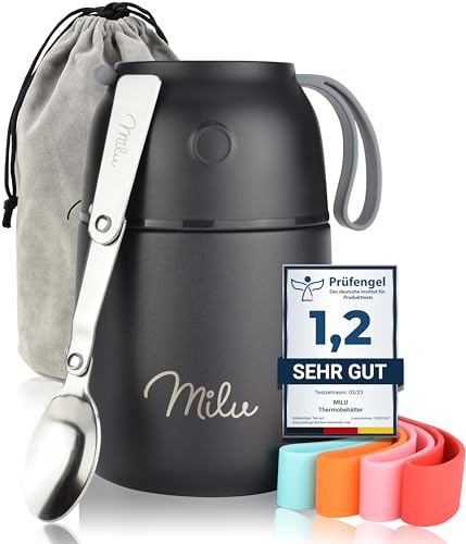 Milu® Thermobehälter 450, 650ml, 800ml | Edelstahl Warmhaltebehälter | Essensbehälter | Speisegefäß Babynahrung | Essen warmhalten Behälter | Thermo Lunchbox | Müsli to go | Schwarz, 450ml von Milu