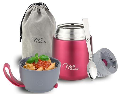 Milu® Thermobehälter für Essen 450ml, Edelstahl Warmhaltebehälter mit Löffel, Thermobecher Essen, Thermo Lunchbox für Kinder, Erwachsene, Thermobox Suppen, Babybrei, Speisebehälter Berry, 450ml von Milu