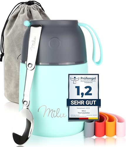 Milu® Thermobehälter 450, 650ml | Edelstahl Warmhaltebehälter | Essensbehälter | Speisegefäß Babynahrung | Essen warmhalten Behälter | Thermo Lunchbox | Müsli to go | Mint, 450ml von Milu